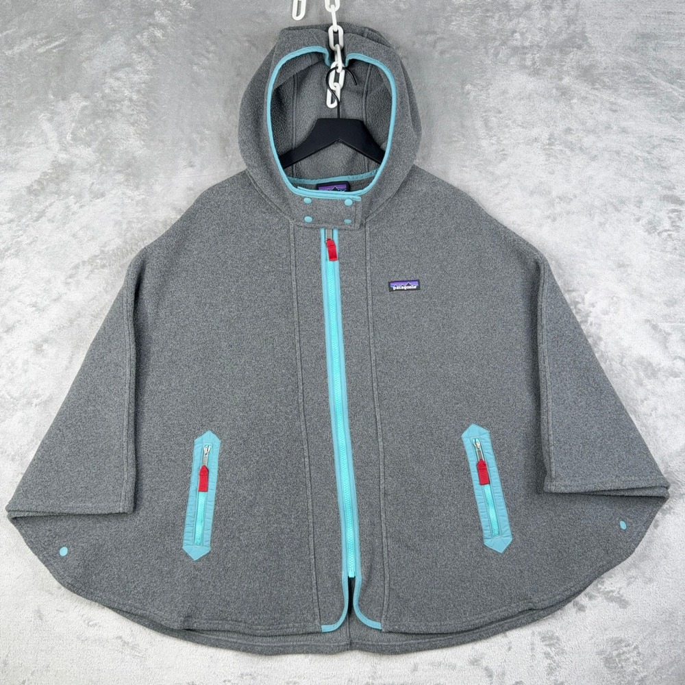 Patagonia Synchilla Fleece Snap Hooded Cape Poncho Gray Blue Womens XS/S Pockets